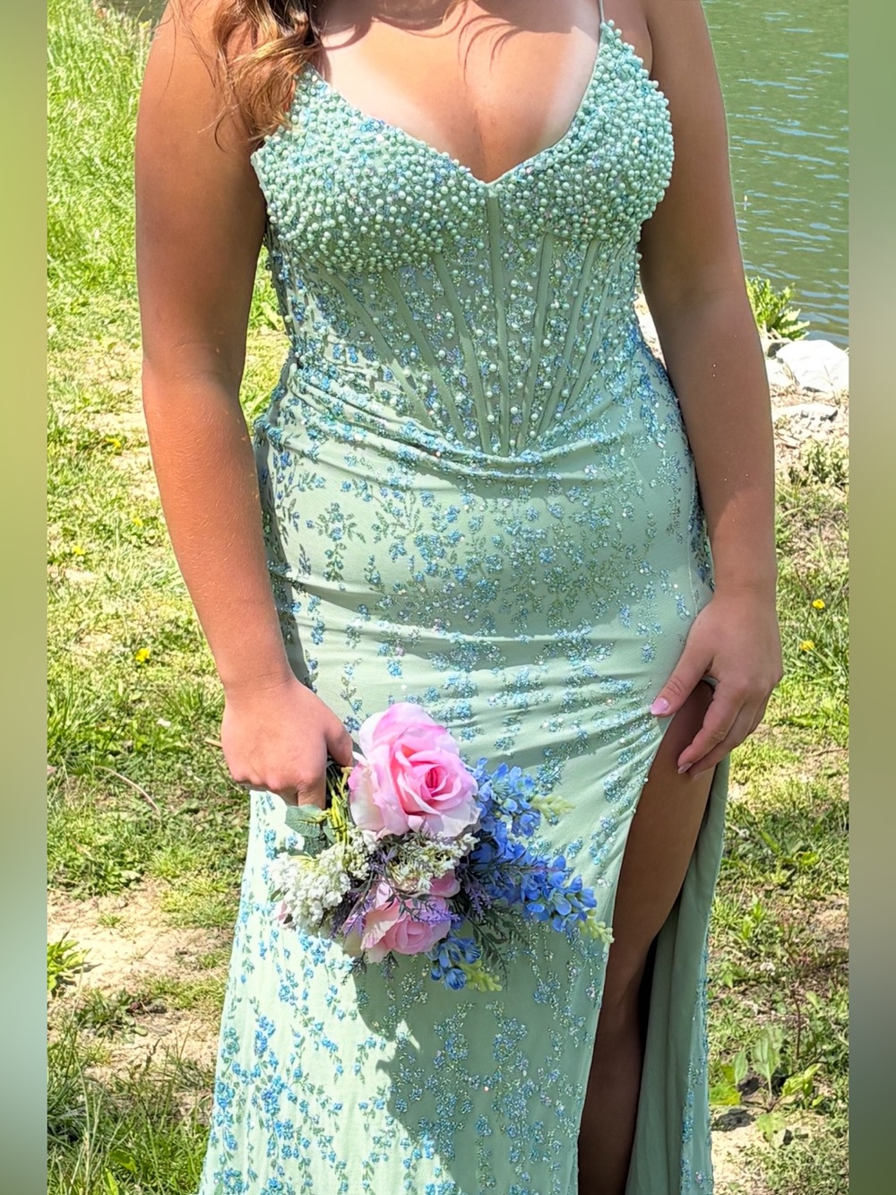 Sage Green Pearl Prom Dress Size 12